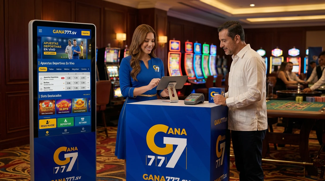 Anfitriona Gana777 con tablet atendiendo a un jugador en el spot del casino
