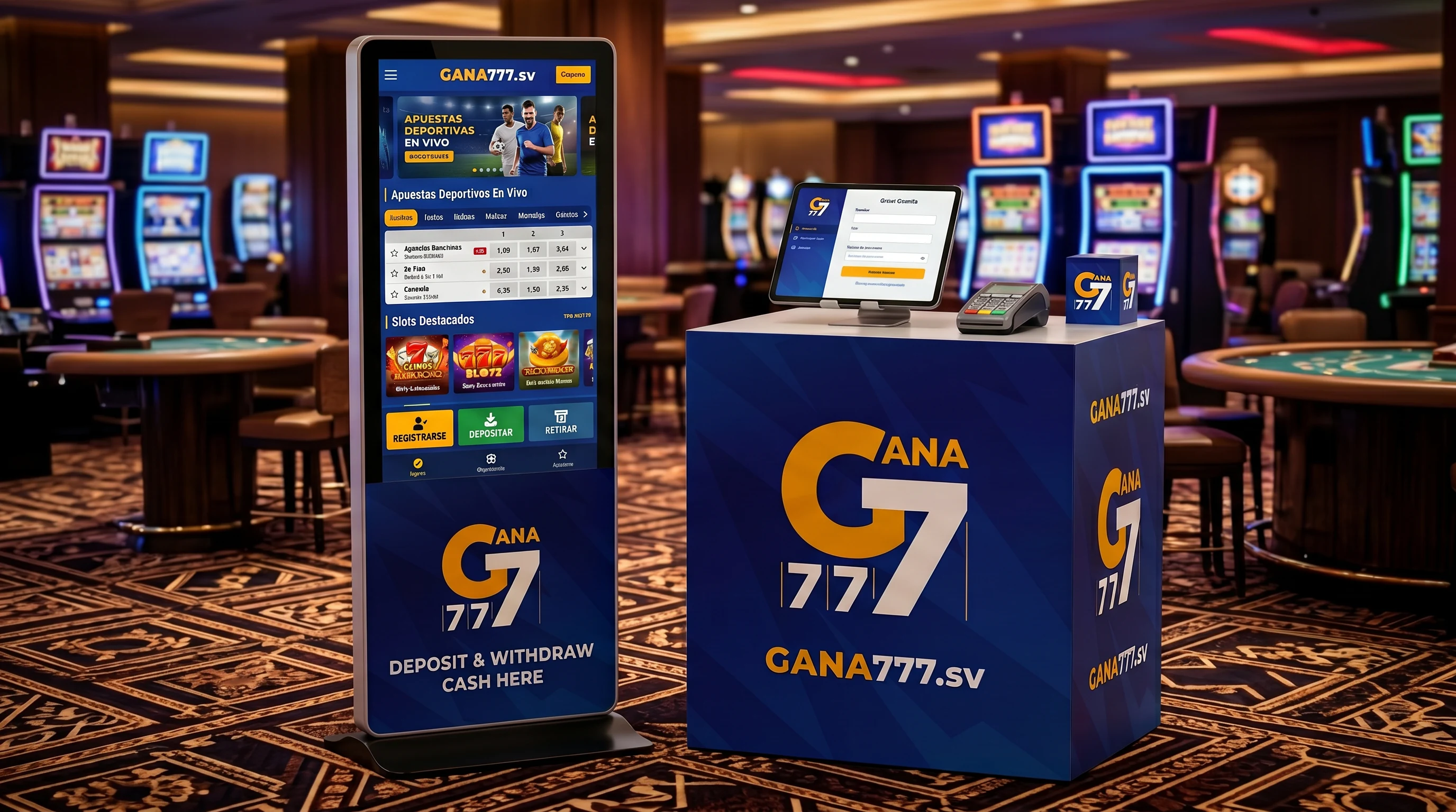 Spot Gana777 dentro del casino: stand branded con tablet y anfitrionas